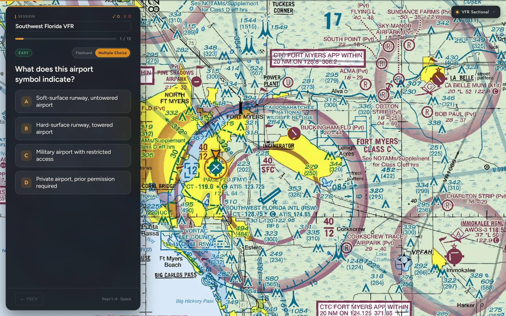 FlyHedral Charts drill — a live FAA VFR sectional with an airport symbol highlighted and a multiple-choice question.